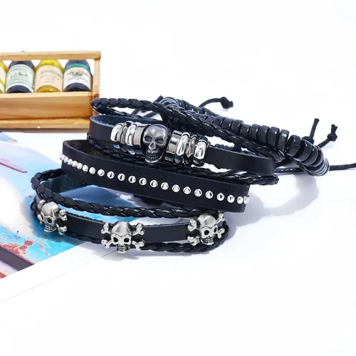 Miniatura 2 de Punk Skull Braided Leather Wrap Bracelet For Men Women Emo Goth Cuff Bracelet Set Adjustable Gothic Rock Jewelry