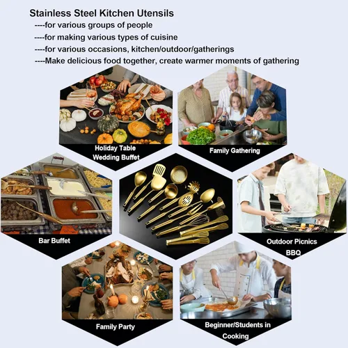 Miniatura 4 de Utensilios de cocina dorados para cocinar, 13 unidades, acero inoxidable, cuchara ranurada sólida, tenedor, espátula, cucharón, espumador, afinador