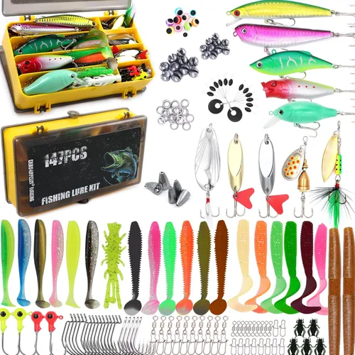 EXAURAFELIS Juego de señuelos de pesca, kit de señuelos para lubina, trucha, salmón, agua dulce, equipo de aparejos de pescado, incluye cuchara de