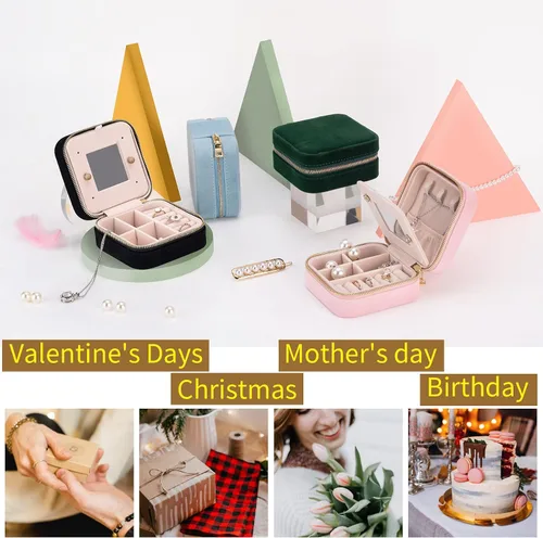 Miniatura 6 de Joyero de terciopelo de viaje con espejo mini estuche de regalo para mujeres y niñas pequeñas cajas organizadoras portátiles para anillos aretes