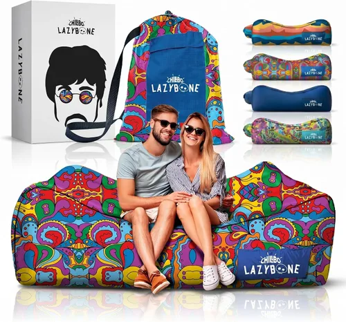 Chillbo Inflatable Couch – Unique Designs - No-Pump Setup, Ripstop Polyester, Stability Pegs, Fun Prints - Portable Air Inflatable Lounger for