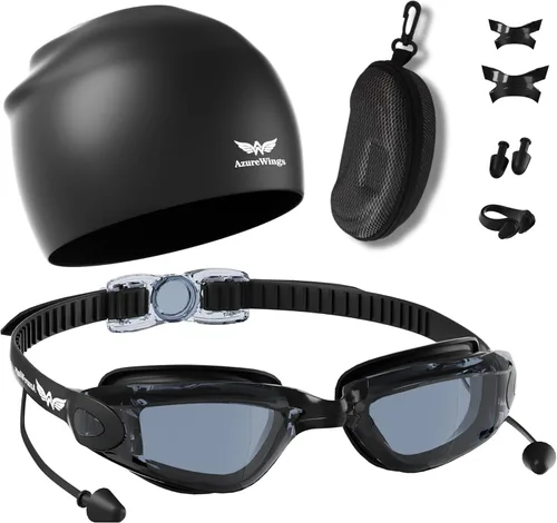 Miniatura 10 de Gafas de natación 7 en 1 + gorro de natación para hombres y mujeres, sin fugas, antivaho y UV, lente de PC con espejo HD de visión amplia
