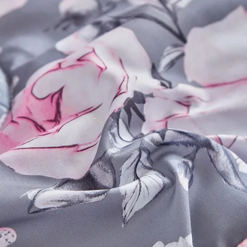 Miniatura 9 de Juego de ropa de cama gris de 4 piezas para niños y niñas, flores rosas ultra suaves con hojas blancas en una bolsa, juego de edredón, sábana