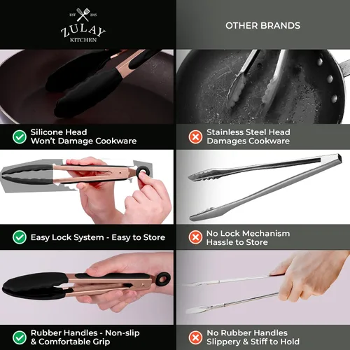 Miniatura 9 de Zulay Pinzas de cocina de acero inoxidable con puntas de silicona, juego de 2 pinzas de cocina con bloqueo (9 y 12 pulgadas) con agarre