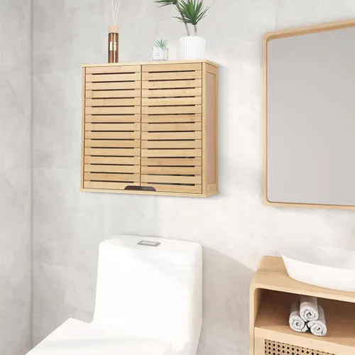 Miniatura 2 de Armario de almacenamiento de bambú montado en la pared para baño con puertas dobles, estante ajustable de 2 niveles, organizador sobre inodoro