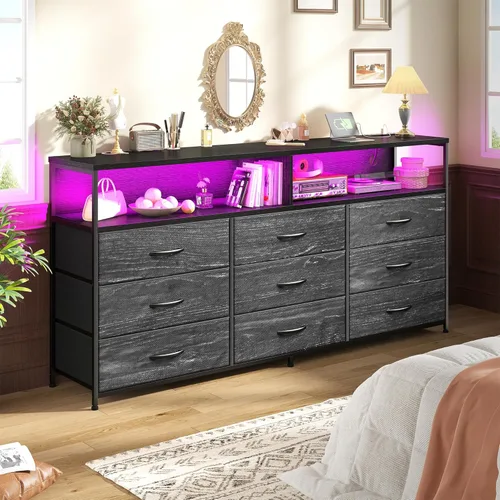Miniatura 2 de Romorgniz Cómoda de 55 pulgadas de ancho para dormitorio con 9 cajones, soporte de TV LED con tomas de corriente para TV de 45, 55, 65 pulgadas
