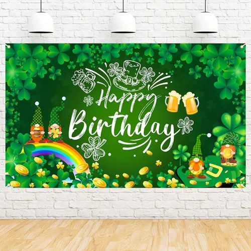 Decoraciones de cumpleaños del día de San Patricio, pancarta de fondo de feliz cumpleaños del día de San Patricio, trébol de la suerte, trébol,