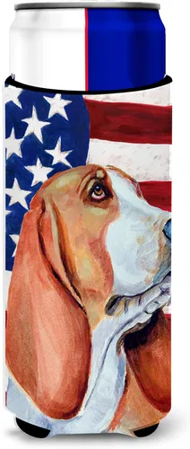 Caroline's Treasures LH9017MUK - Bandera estadounidense con Basset Hound Ultra Hugger para latas delgadas para latas delgadas, funda para enfriar,