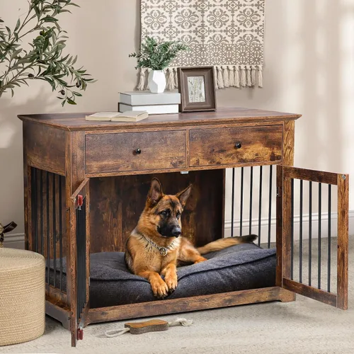 LEMBERI Mueble de jaula para perros grande de 44 pulgadas, mesa auxiliar de madera para perros con cajones de almacenamiento, jaula decorativa para