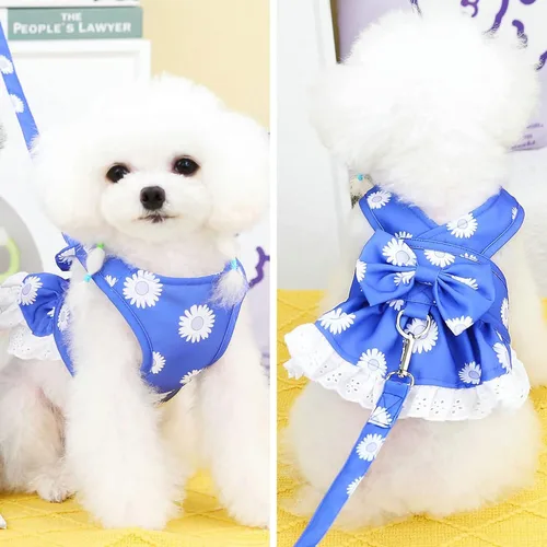 Miniatura 2 de BAEJMJK Juego de arnés y correa para perros pequeños, vestido de cachorro con lazo floral para niña, transpirable, lindo vestido de princesa