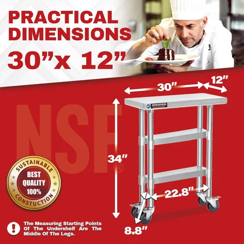 Miniatura 2 de DuraSteel Mesa de trabajo de acero inoxidable de 30 x 12 x 34 pulgadas de altura con 4 ruedas giratorias, mesa de trabajo de grado comercial