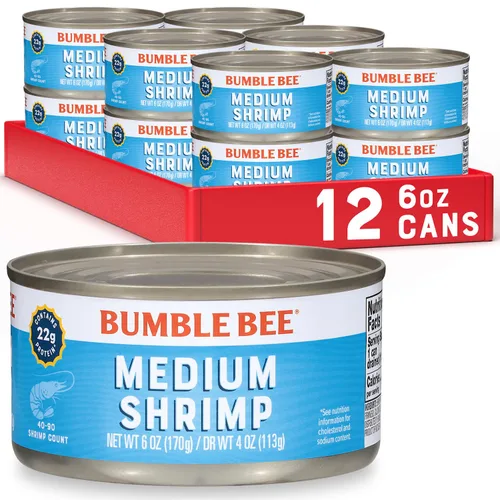 Miniatura 9 de Bumble Bee Camarones enlatados medianos, lata de 6 onzas, camarones en agua, cocidos, pelados, desvenados, 0.78 oz de proteína por porción, sin