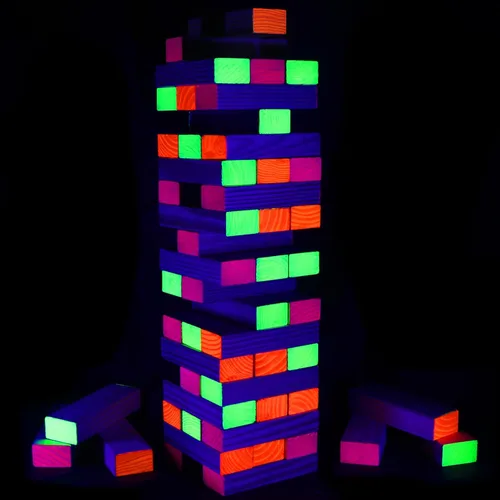 Ahuimeius Juego de 54 piezas de torre gigante para exteriores, juego de torre que brilla en la luz negra, juego de mesa al aire libre para adultos