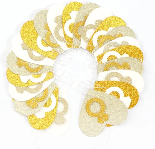Miniatura 2 de Decoraciones de Fiesta de Despedida de Soltera de Compromiso Guirnalda Blanco-Dorado - Banderines de Papel con Corazón y Anillo de 52 Pies
