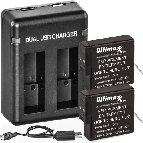 Ultimaxx Cargador de batería USB dual para GoPro HERO 5, 6, 7 y 8 baterías con 2 baterías de repuesto de vida prolongada (1700 mAh, 3,85 V, 6,5 Wh)