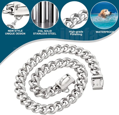 Miniatura 4 de Collar de cadena para perro de 0.59 pulgadas con eslabones cubanos plateados con hebilla a presión, collar de cadena de metal de acero inoxidable