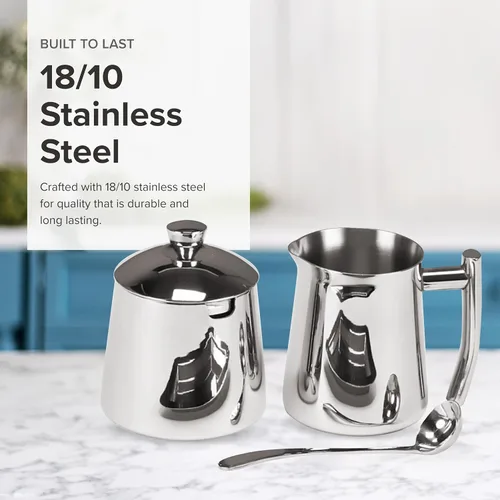 Miniatura 4 de Frieling USA 18/10 - Juego de azúcar y crema de acero inoxidable - Accesorios para café y té con jarra de crema de metal de 10 onzas y azucarero