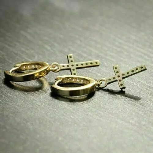 Miniatura 4 de TISHYA JEWELLERS Pendientes de aro colgantes con cruz de diamantes redondos de 2.00 quilates para hombre de oro amarillo de 14 quilates Fn, Piedra