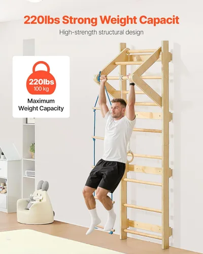 Miniatura 5 de VEVOR Escalera Sueca de Pared, Gimnasio 4 en 1 de 8 Niveles para Interiores, Barras de Gimnasia de Madera Sólida con Capacidad de Carga de 220LBS