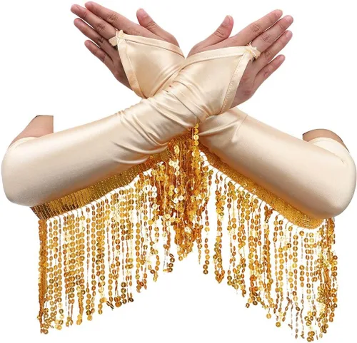 Yikisdy Guantes de lentejuelas a la moda, guantes de satén sin dedos, guantes largos con borlas brillantes, disfraz de fiesta rave para mujeres y