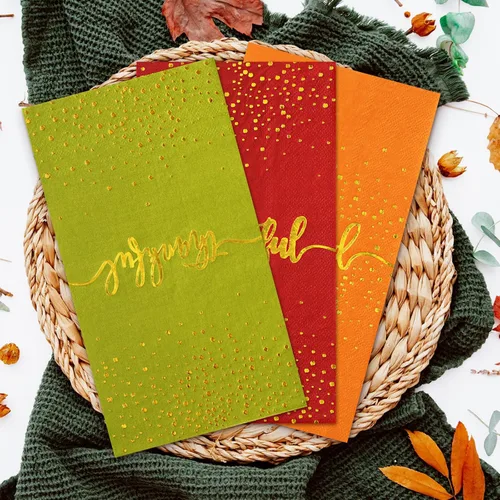 Miniatura 6 de Whaline 75 servilletas de papel desechables de papel dorado para invitados de Acción de Gracias, toallas de papel desechables de otoño para cosecha
