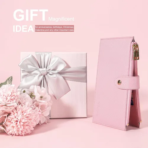 Miniatura 8 de Travelambo Billetera para mujer con bloqueo RFID plegable para múltiples tarjetas con bolsillo con cremallera, rosado (Pink Sakura), Minimalista