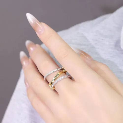 Miniatura 6 de Anillos apilables para mujer, chapados en oro de 18 quilates, juego de 3 anillos con circonita cúbica, juego de anillos plateados y dorados