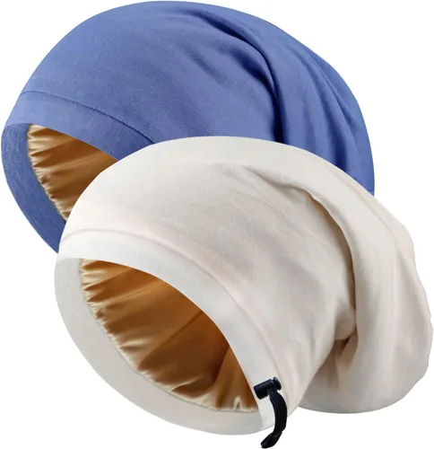 Miniatura 16 de 2 Pcs Adjustable Silk Hair Bonnet for Sleeping, Satin Lined Sleep Cap for Women and Men, Silk Hair Wrap Slouch Beanie.