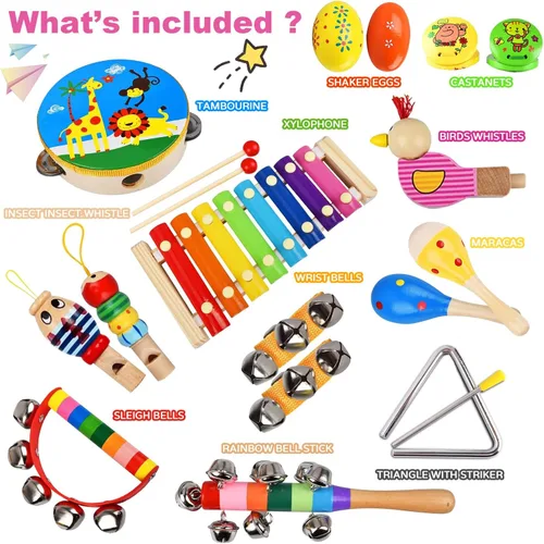 Miniatura 4 de Juego de instrumentos musicales para niños, 20 piezas de instrumentos de percusión de madera para bebés y niños con maracas de xilófono pandereta