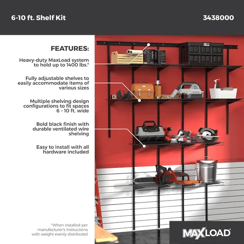 Miniatura 2 de ClosetMaid MaxLoad Kit de Estante de Pared de Servicio Pesado para Garaje, 6 – 10 Pies, Estantería de Alambre ShelfTrack Ajustable, Acabado Negro
