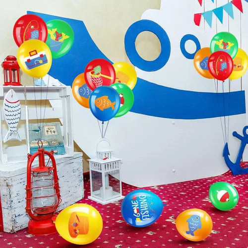 Miniatura 7 de Zomiboo 36 globos de cumpleaños de pesca, globos de látex de 12 pulgadas, decoraciones de fiesta de pesca para O-fishally un cumpleaños, baby