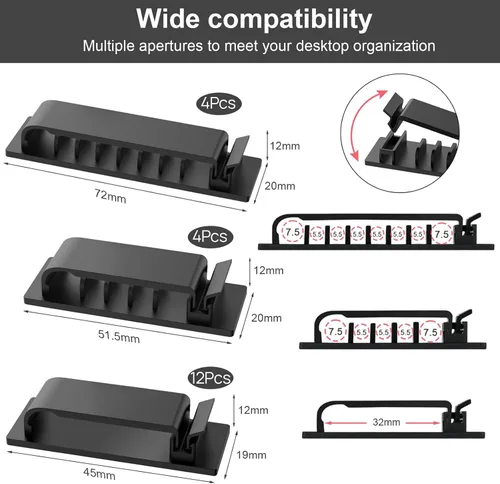 Miniatura 2 de Clips de organización de cables, 20 organizadores de cables, soportes para cable para TV, PC, Ethernet, escritorio, oficina en casa (negro)