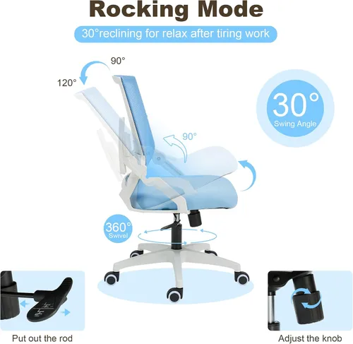 Miniatura 5 de Silla ergonómica de oficina con altura ajustable de malla, silla giratoria con brazos abatibles y soporte lumbar, color azul Brazos abatibles - Azul