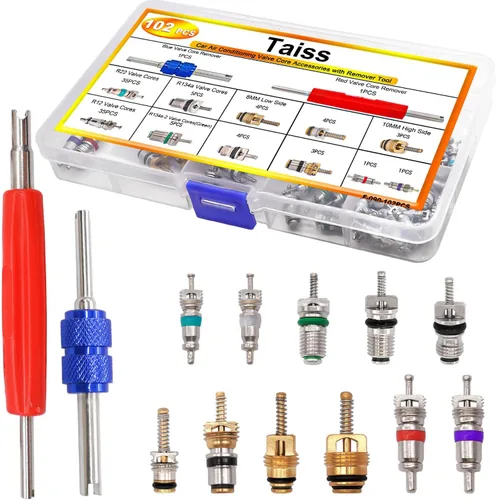 Miniatura 6 de Taiss Kit de accesorios de núcleo de válvula de aire acondicionado de coche, 102 Uds., con herramienta de extracción de núcleo de válvula, R12