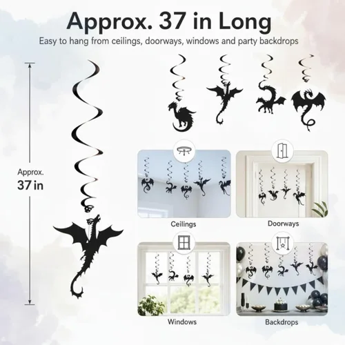 Miniatura 4 de Sumind 30 piezas de remolinos colgantes de dragón, decoración colgante de techo de dragón negro para suministros de fiesta de cumpleaños temática