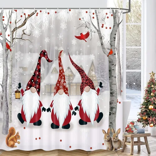 Christmas Shower Curtain Gnome Winter Shower Curtain Snowy Forest Birth Tree with Cute Fun Gnome Bath Curtain Xmas New Year Bathroom Decor Bathroom