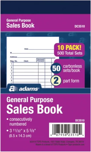 Adams Libro de ventas de uso general, 2 partes, sin carbono, blanco/canario, 3-11/32 x 5-5/8, 50 juegos por libro, paquete de 10 (DC3510)