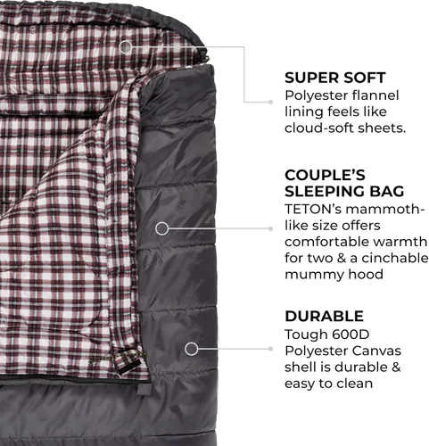 Miniatura 4 de Teton Mammoth - Saco de dormir doble tamaño Queen - Una bolsa cálida que toda la familia puede disfrutar, ideal para camping, caza y campamento Gris