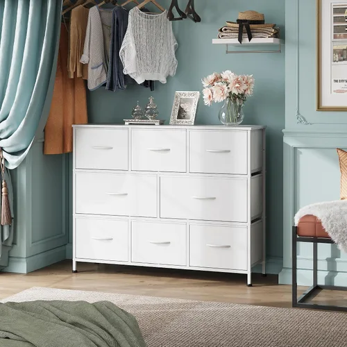 Miniatura 4 de WLIVE Cómoda de 8 cajones para dormitorio, cómoda de tela blanca con gran unidad de cajones de almacenamiento para entrada, cómoda de cajones