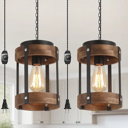 Miniatura 11 de Lámpara Colgante Rústica de Granja con Enchufe con Cadena Ajustable, Interruptor Regulable, Jaula de Tambor de Madera de Roble y Metal, Mini Lámpara