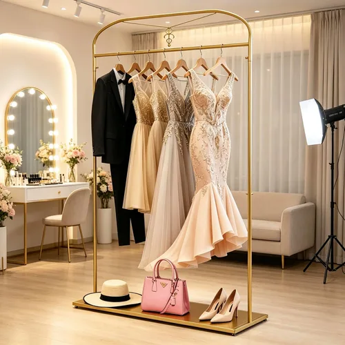 Miniatura 7 de 91" estante alto de la ropa del oro con los estantes, estante largo del vestido de la ejecución Estantes de ropa nupcial, organizador para tienda