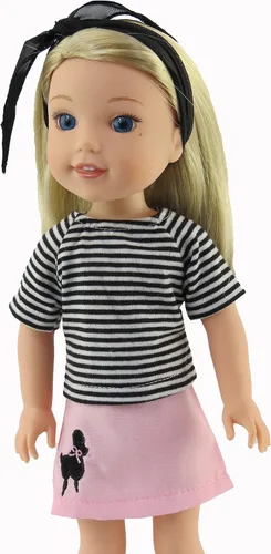 Miniatura 3 de American Fashion World Traje de caniche inspirado en los años 50 de color rosa claro para muñecas de 14 pulgadas Juego de 4 piezas Calidad
