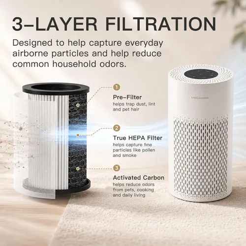 Miniatura 3 de MegaWise Purificador de aire silencioso de escritorio con 3 velocidades para oficina en casa, filtro HEPA verdadero con sensor inteligente
