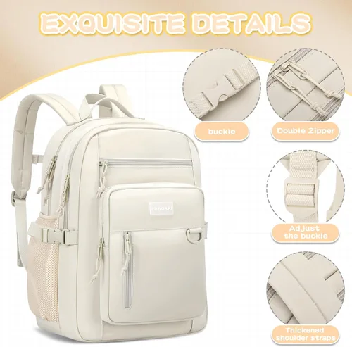 Miniatura 4 de PRAGARI Mochila para niños para la escuela, bonita mochila estética para niñas, mochila para estudiantes, bolsa de libros ligera de viaje para Beige