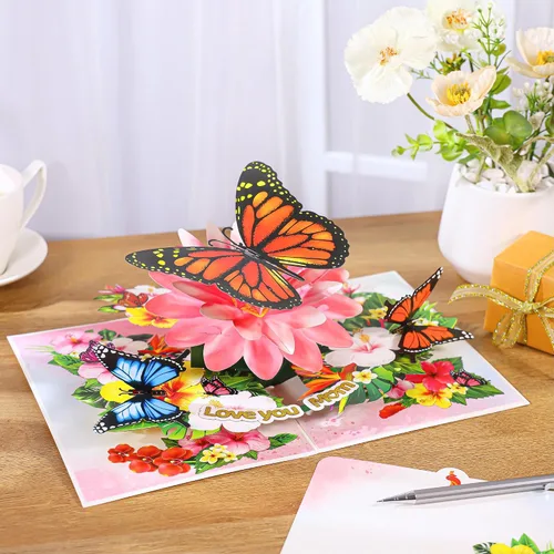 Miniatura 4 de Día de la Madre desplegable para mamá, mariposas te aman mamá, mariposa monarca 3D, hermosas flores, tarjeta de cumpleaños para madre, regalo ideal