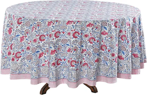 Miniatura 7 de Ridhi Mantel redondo con estampado de bloque a mano, 100% algodón, reutilizable, color rosa flamenco, de 60 pulgadas, mantel decorativo para uso