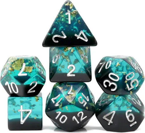 Miniatura 14 de Haxtec DND Conjunto de Dados 7 Piezas Conjunto de Dados de Resina Negro con Inclusión de Mylar Iridiscente Dados Poliédricos D&D
