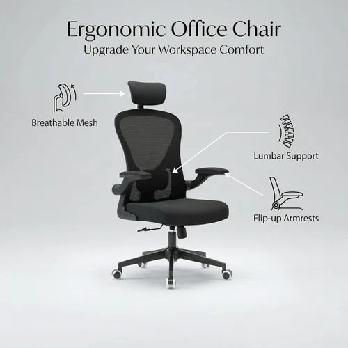 Miniatura 8 de Silla de oficina con soporte lumbar ajustable y reposabrazos abatibles, silla ergonómica de escritorio de computadora con respaldo alto con cojín