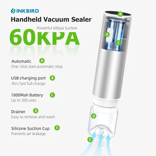 Miniatura 6 de INKBIRD Sellador al vacío compacto para alimentos, sellador al vacío de mano recargable con tanque de almacenamiento de líquidos para conservación 8
