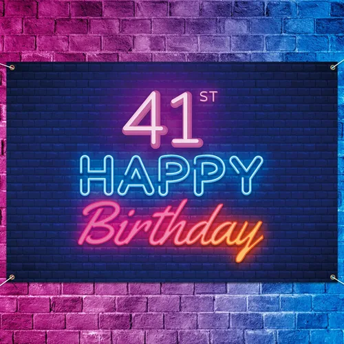 Cartel de fondo de neón brillante con texto en inglés «Happy 41st Birthday», decoración temática de fiesta de cumpleaños de 41 años para hombres y